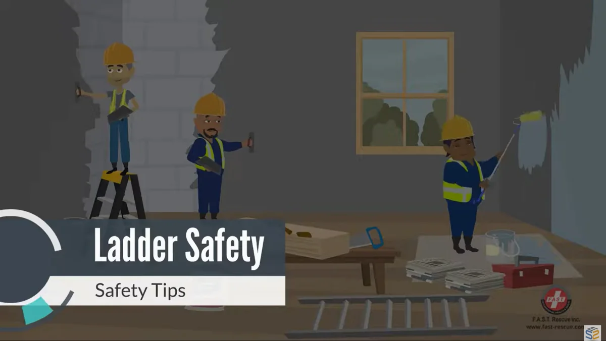 Animated course scene for Ladder and Step Stool Safety Training, showing a worker safely climbing a step ladder using 3-point contact