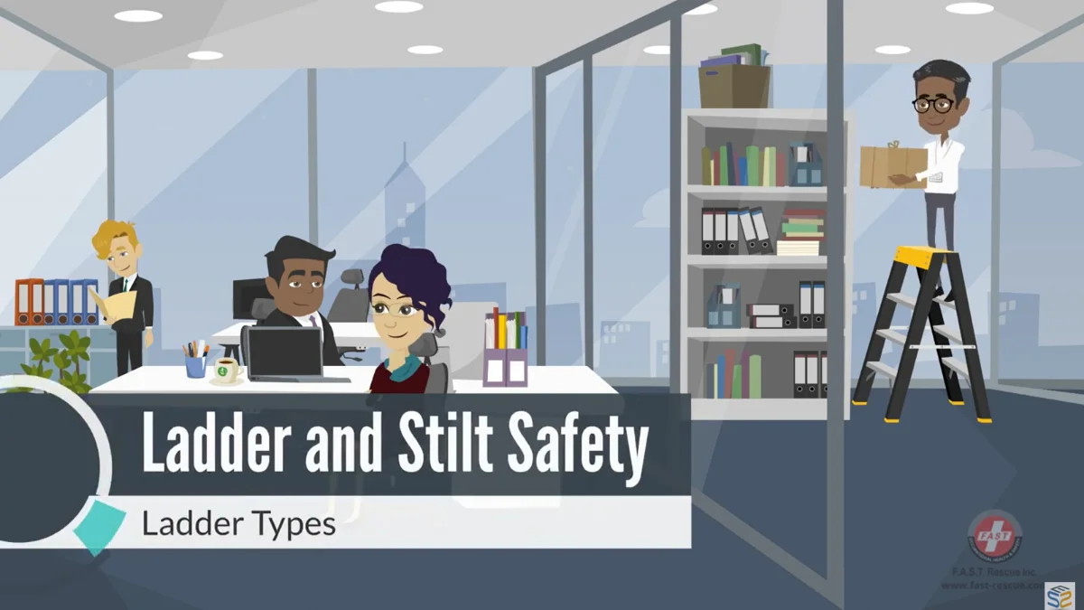 Animated course scene from Ladder and Stilt Safety Training showing a construction worker on drywall stilts