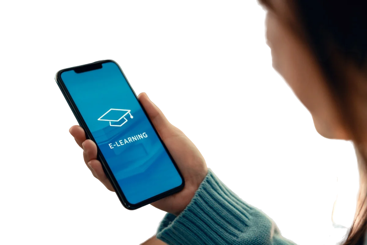 A person using a mobile learning course on a smartphone