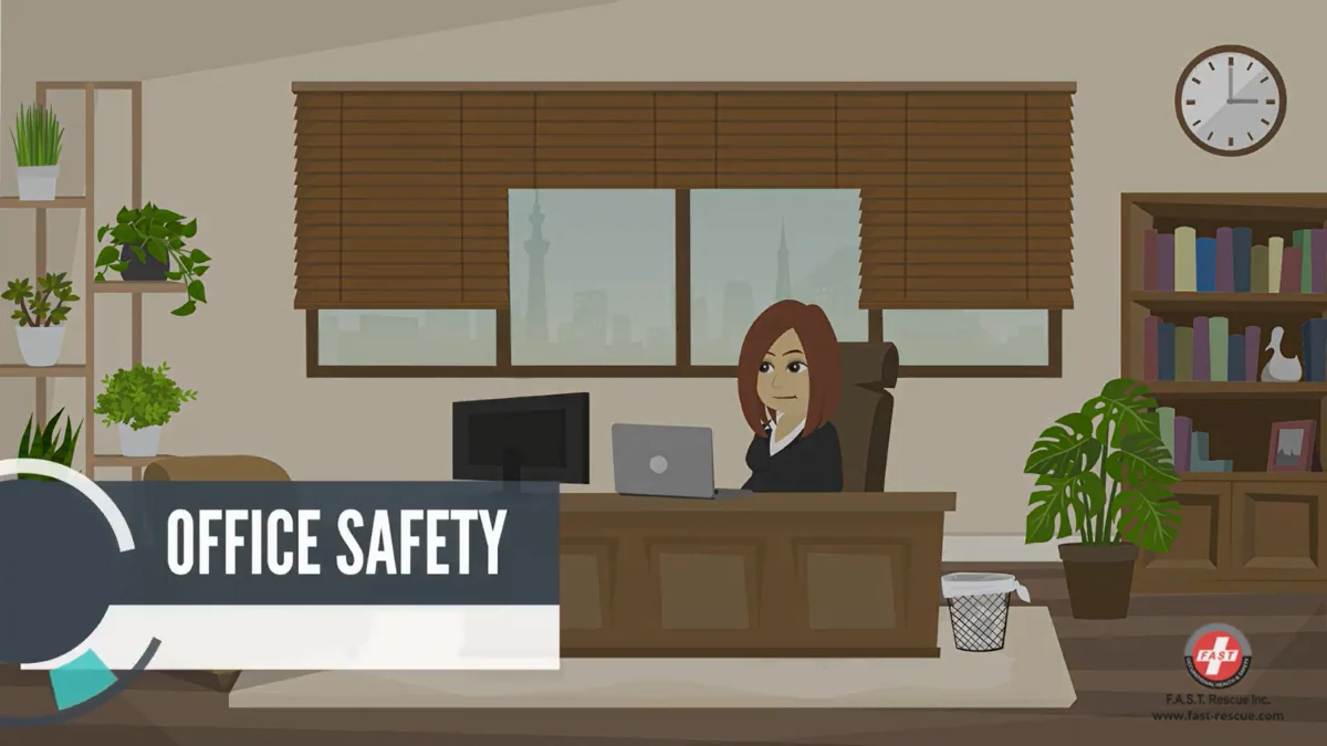 Animated course scene from Office Safety Training showing an employee inspecting a workstation for ergonomic and electrical hazards