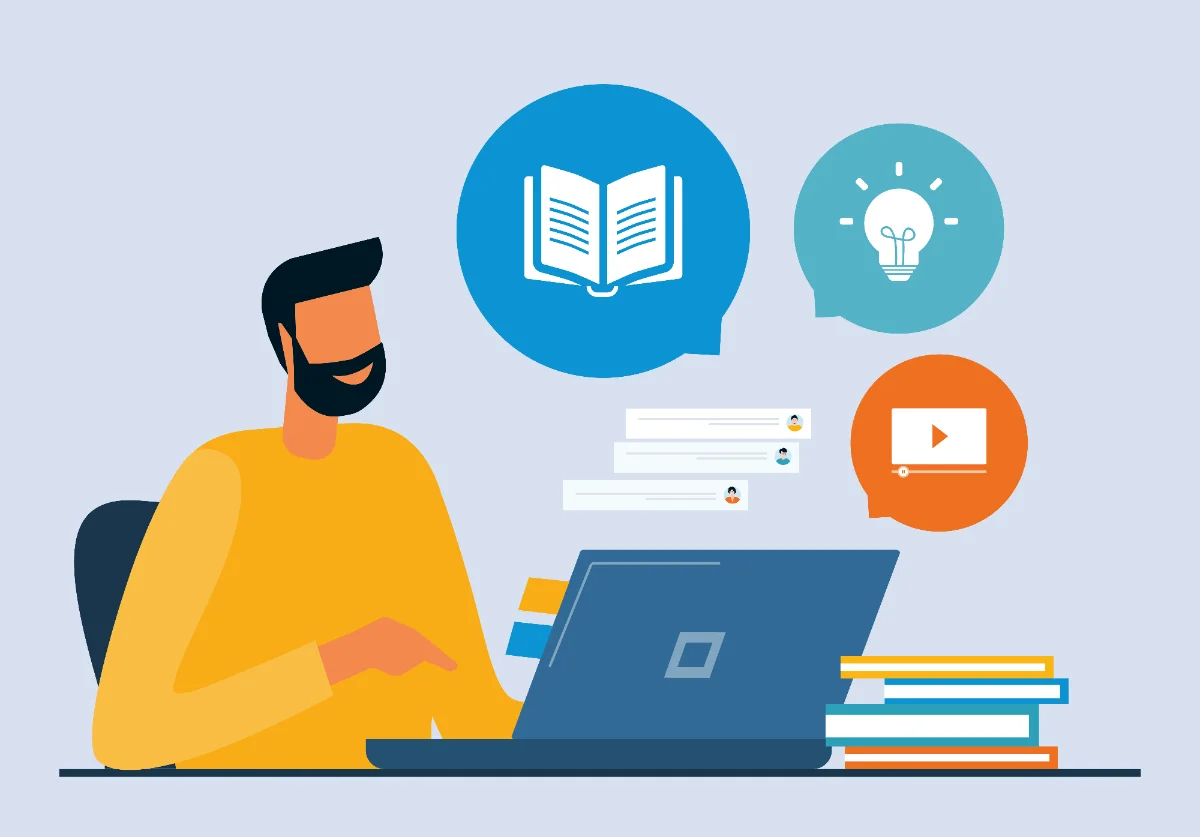 Illustration of a person at a laptop surrounded by icons for reading, ideas, chat, and video, representing rapid eLearning course creation