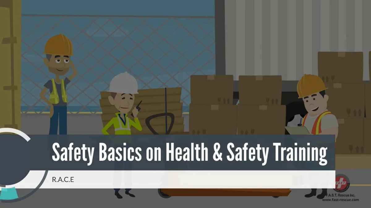 Animated course scene showing a workplace safety overview across multiple work environments