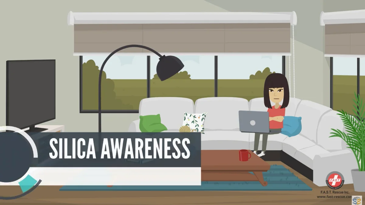 Animated course scene from Silica Awareness Training showing a worker cutting concrete with visible airborne dust