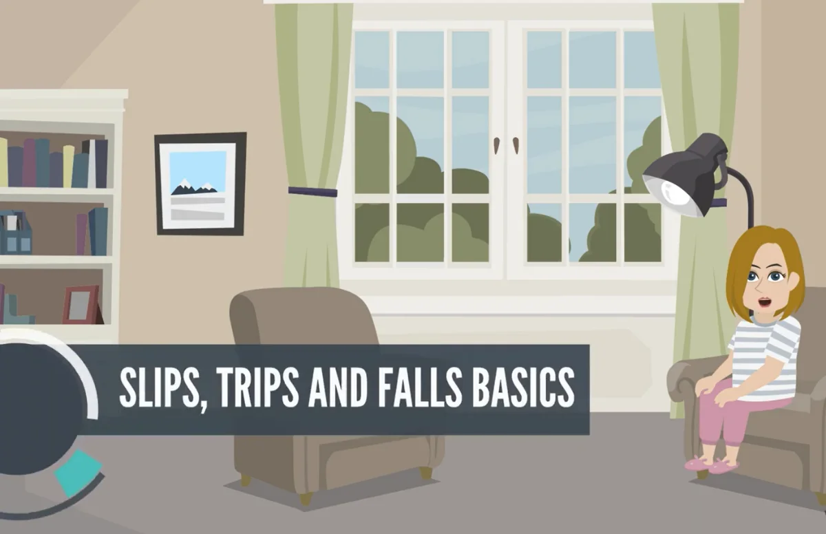 Animated course scene for Slips, Trips, and Falls Basics Training, showing a worker slipping on a wet warehouse floor near a caution sign