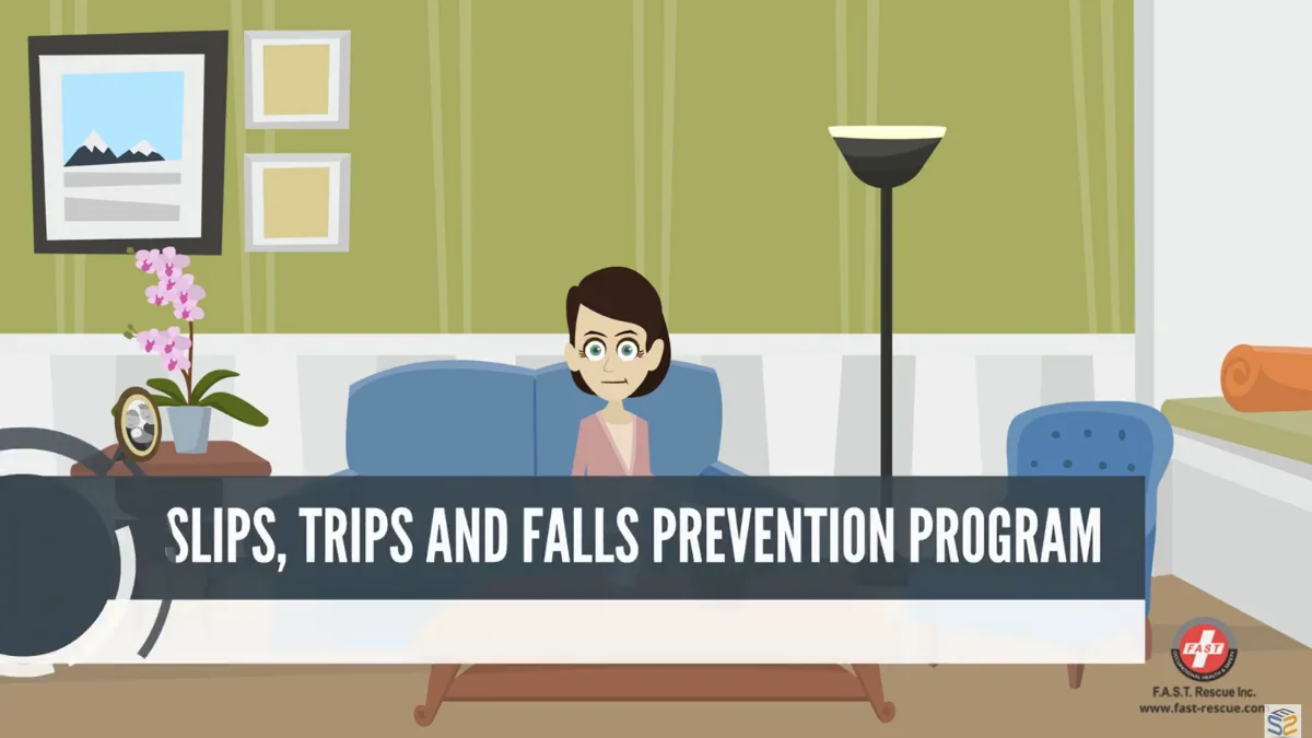Animated course scene for Slips, Trips, and Falls Prevention Program Training, showing a safety manager assessing a walking-surface hazard on a job site