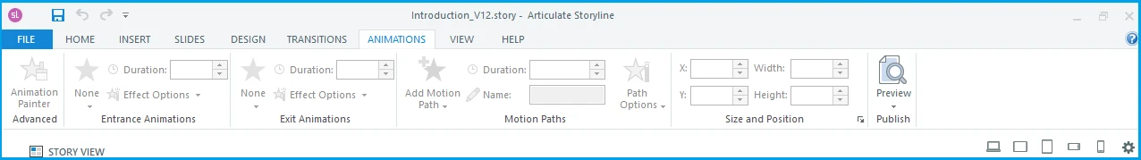 Articulate Storyline 360 Animations ribbon tab showing the Entrance Animations, Exit Animations, and Motion Paths groups
