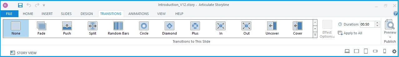 Articulate Storyline 360 Transitions ribbon tab showing Fade, Push, Split, Random Bars, Circle, Diamond, Plus, In, Out, Uncover, and Cover transition styles