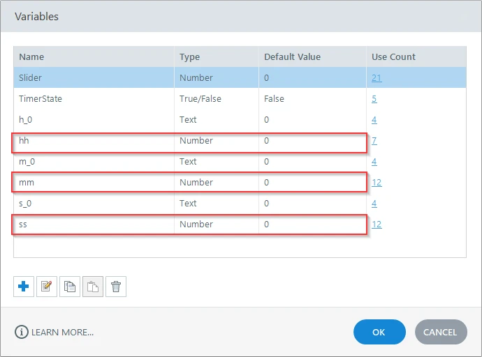 Storyline 360 Variables Manager with the hh, mm, ss, and padding variables highlighted