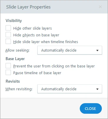 Storyline 360 Slide Layer Properties dialog showing visibility, base layer, and revisit options for the Time Loop layer