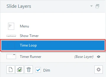 Storyline 360 Slide Layers panel with the Time Loop layer highlighted, referenced by the Base Layer's Show Layer trigger