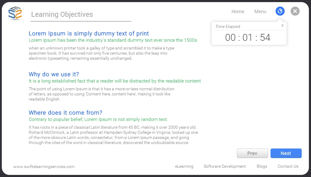 Published Storyline 360 course preview showing a working Time Elapsed 00:01:54 timer display in the top-right corner