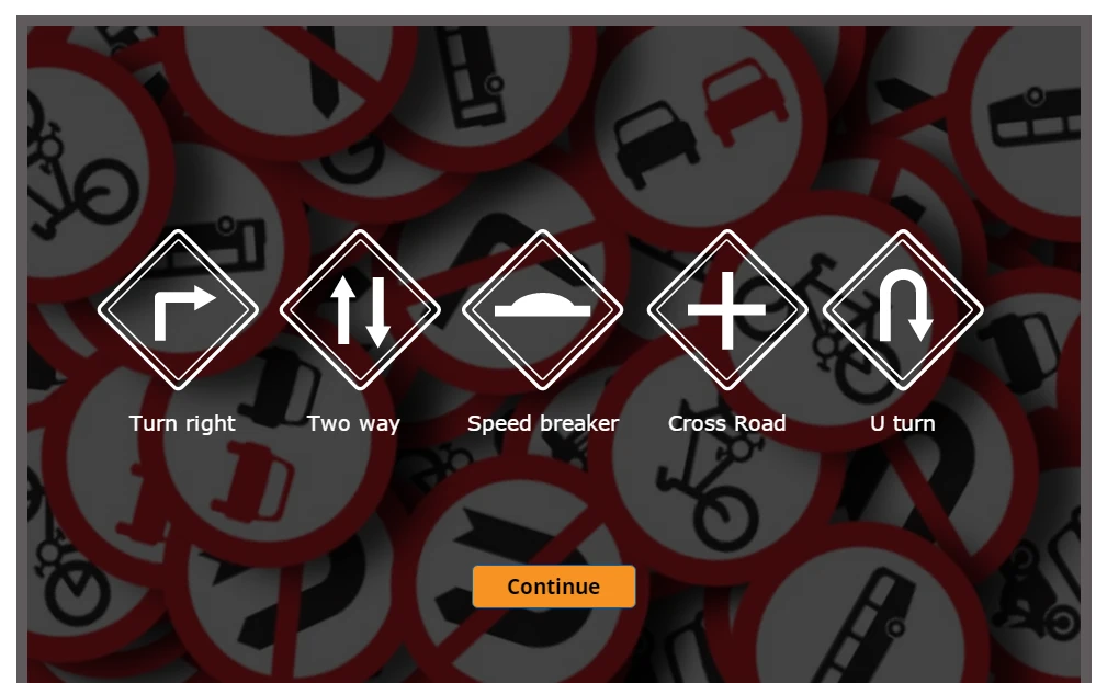 Storyline 360 slide showing traffic sign icons paired with label text as the starting slide graphics for a custom drop-down matching exercise