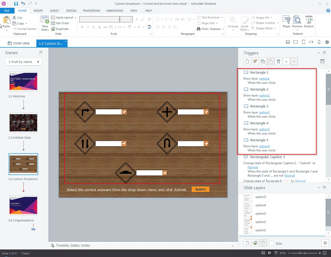 Articulate Storyline 360 Triggers panel showing Show Layer triggers assigned to each rectangle, opening a matching option1-5 slide layer for the drop-down menu