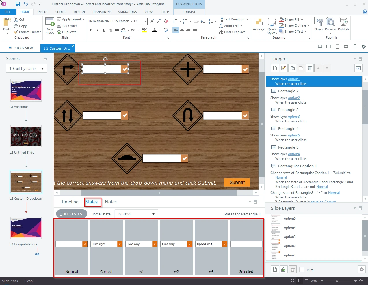 Storyline 360 States panel for a drop-down rectangle showing custom Normal, Correct, and w1/w2/w3 incorrect answer states