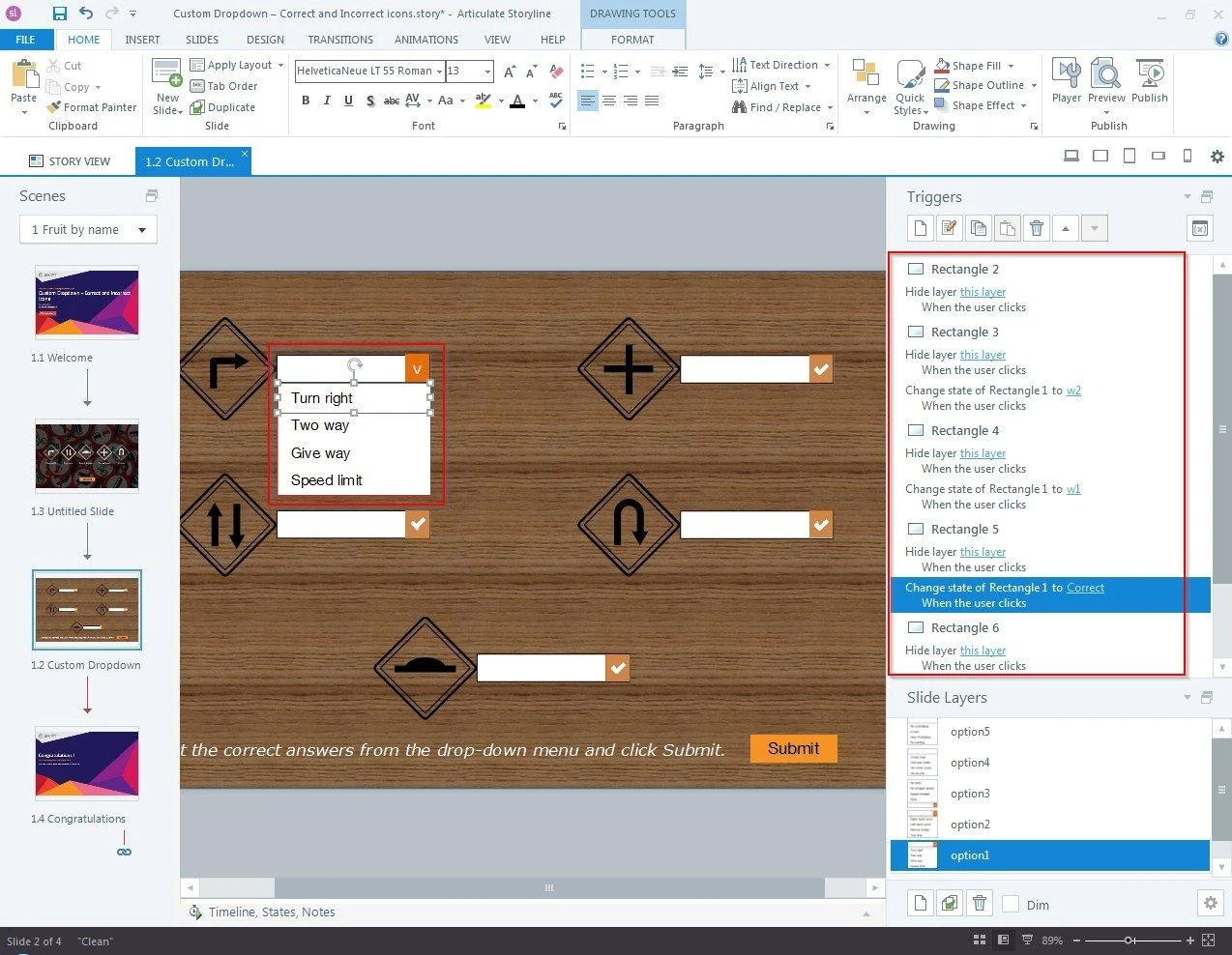 Storyline 360 option layer with triggers that change the main rectangle's state and hide the layer when a learner clicks a drop-down choice