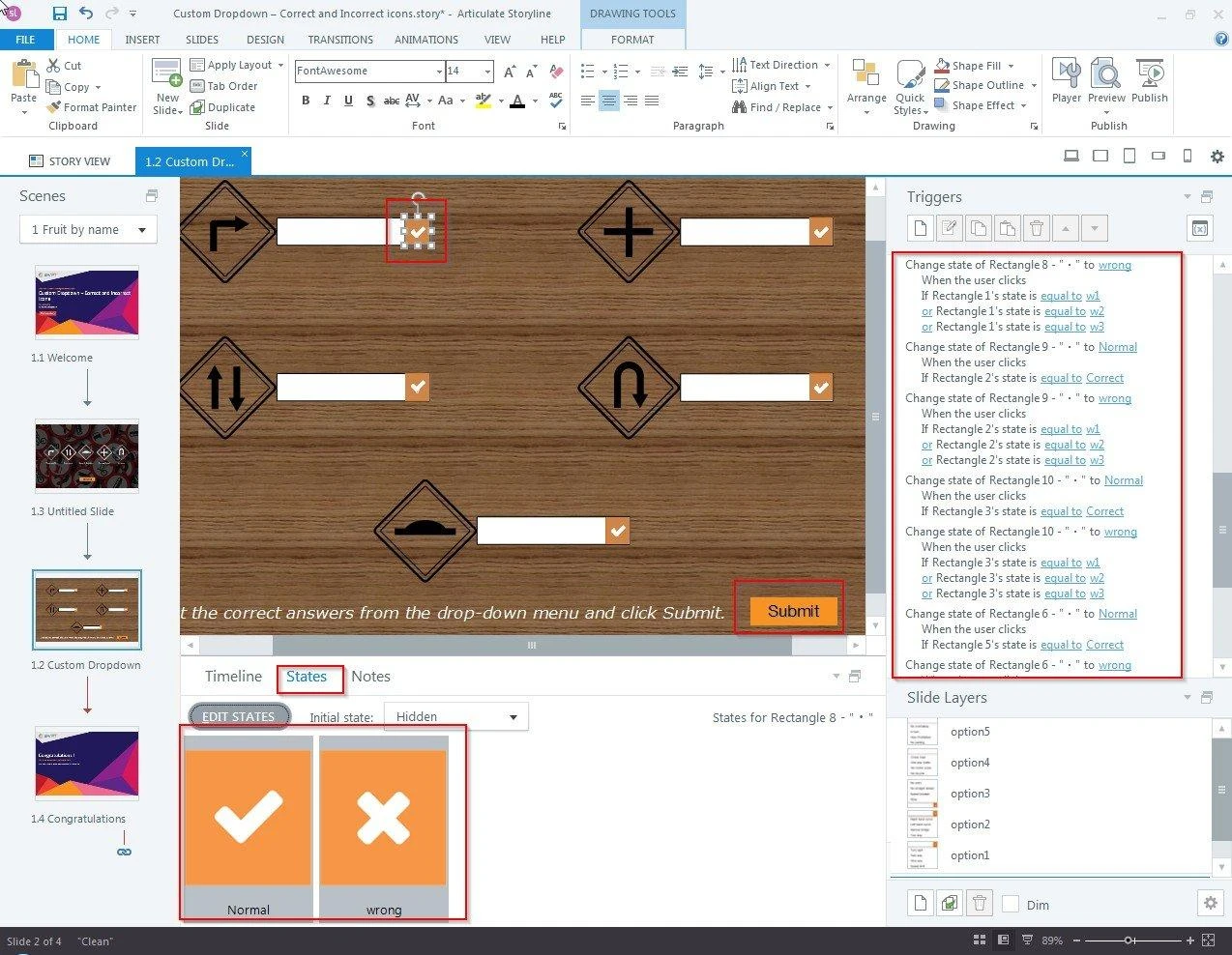 Storyline 360 triggers changing a checkmark or cross validation indicator based on whether the linked rectangle's state is Correct or an incorrect w1/w2/w3 state