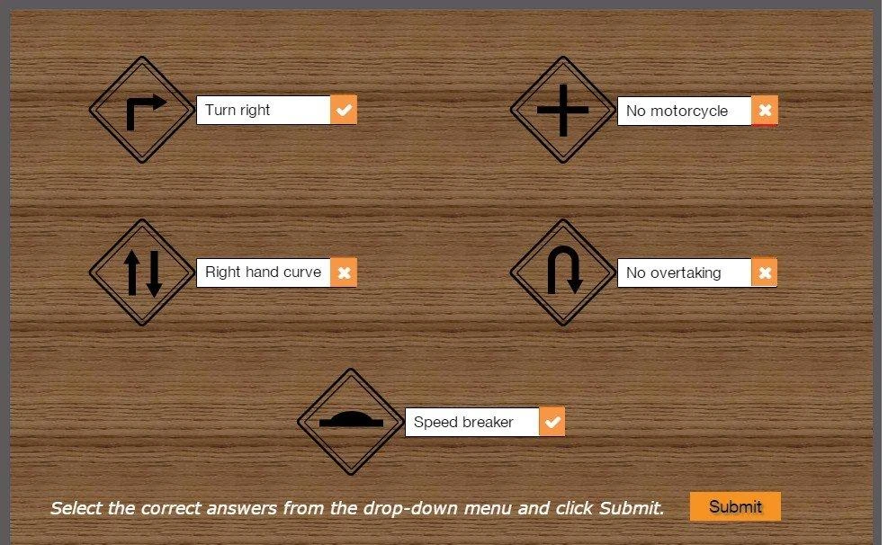 Published preview of the custom drop-down exercise in Articulate Storyline 360 showing correct and incorrect validation icons after clicking Submit