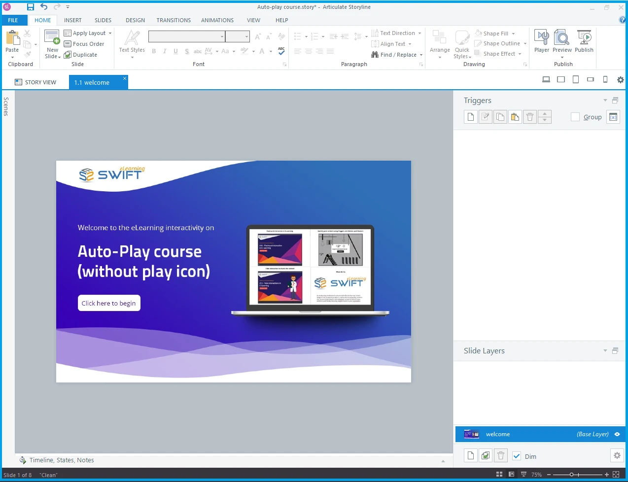 Articulate Storyline 360 slide panel showing a new silent welcome slide inserted before the main course title, with no triggers yet added