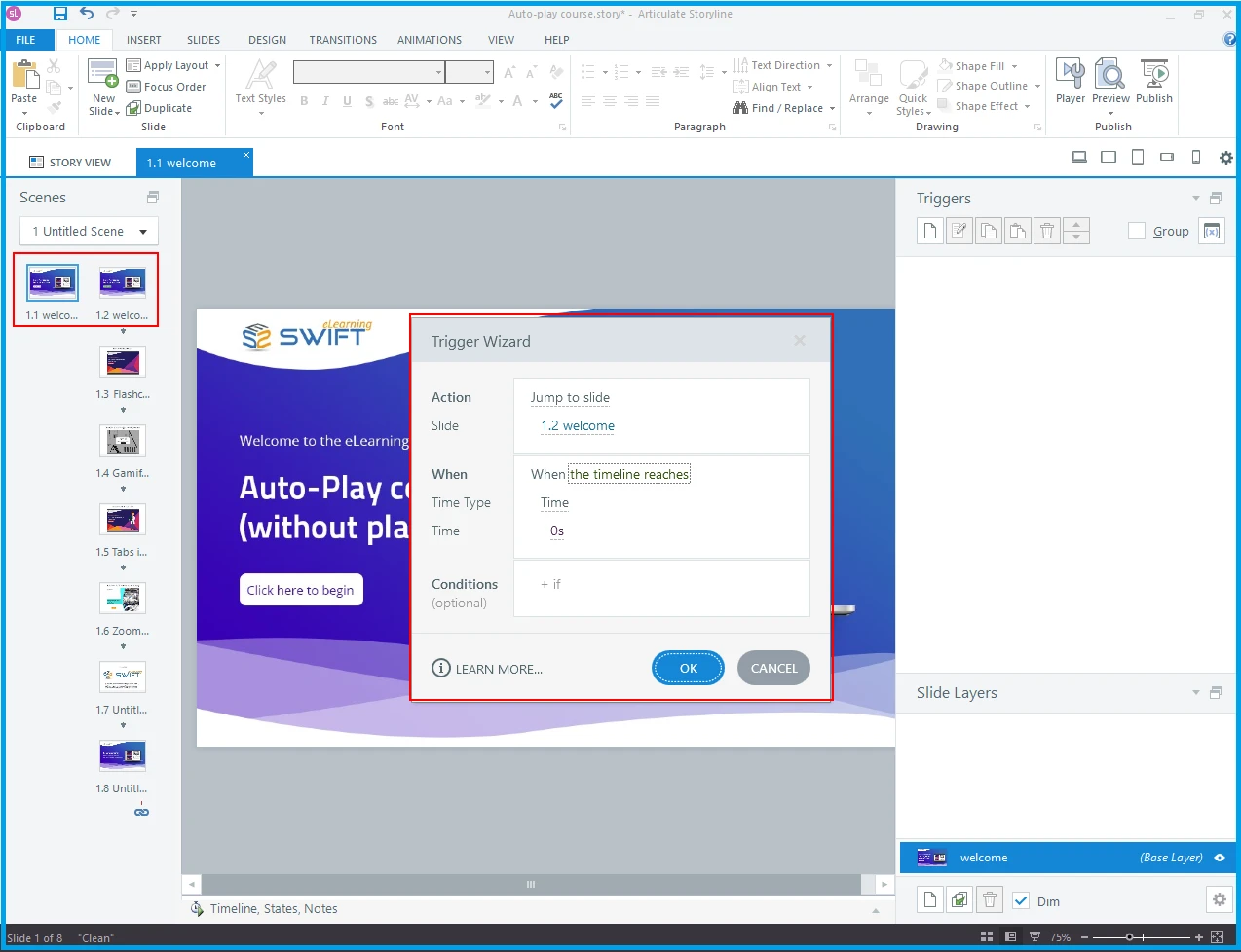 Articulate Storyline 360 Trigger Wizard configured to jump to the next slide when the timeline reaches time 0 seconds