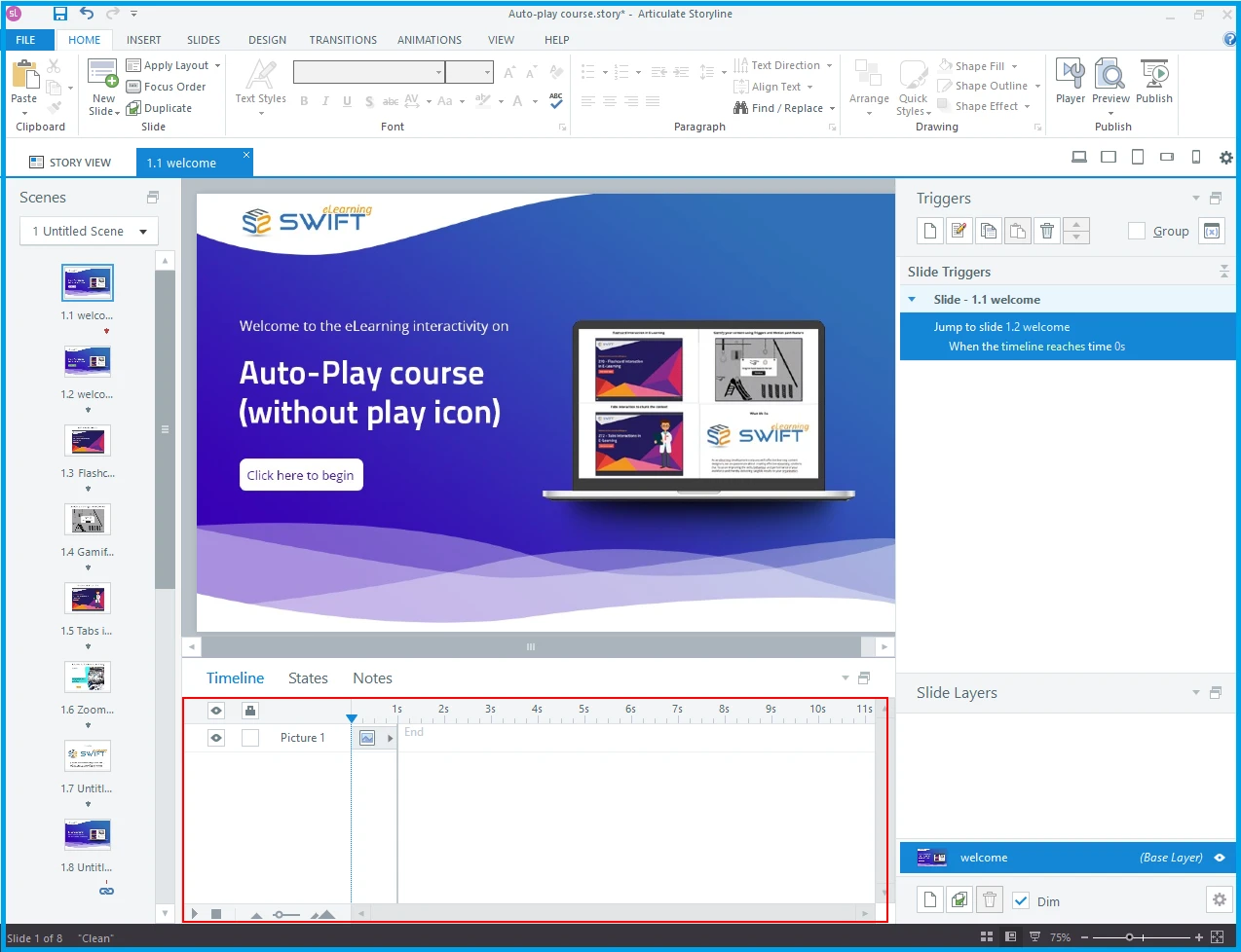 Articulate Storyline 360 Timeline panel for the intro slide showing only a picture object and no audio or video track