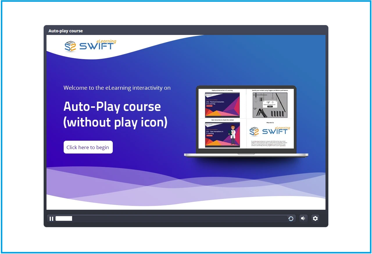 Published Articulate Storyline 360 course player auto-playing past the welcome slide with no play button overlay
