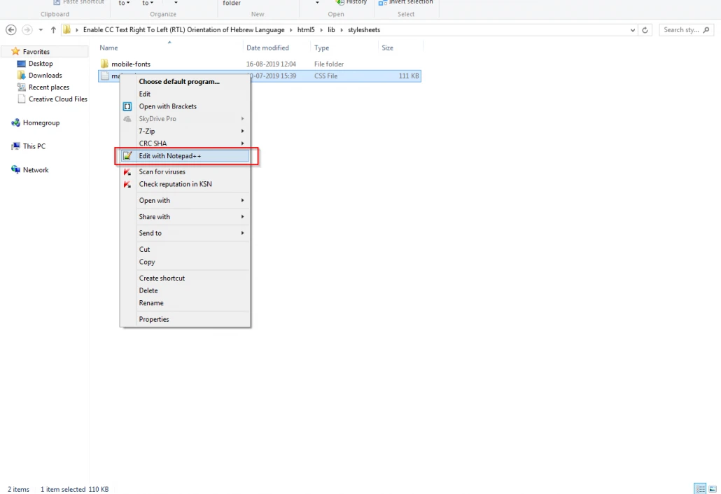 Windows right-click context menu with Edit with Notepad++ highlighted for the main.min.css file