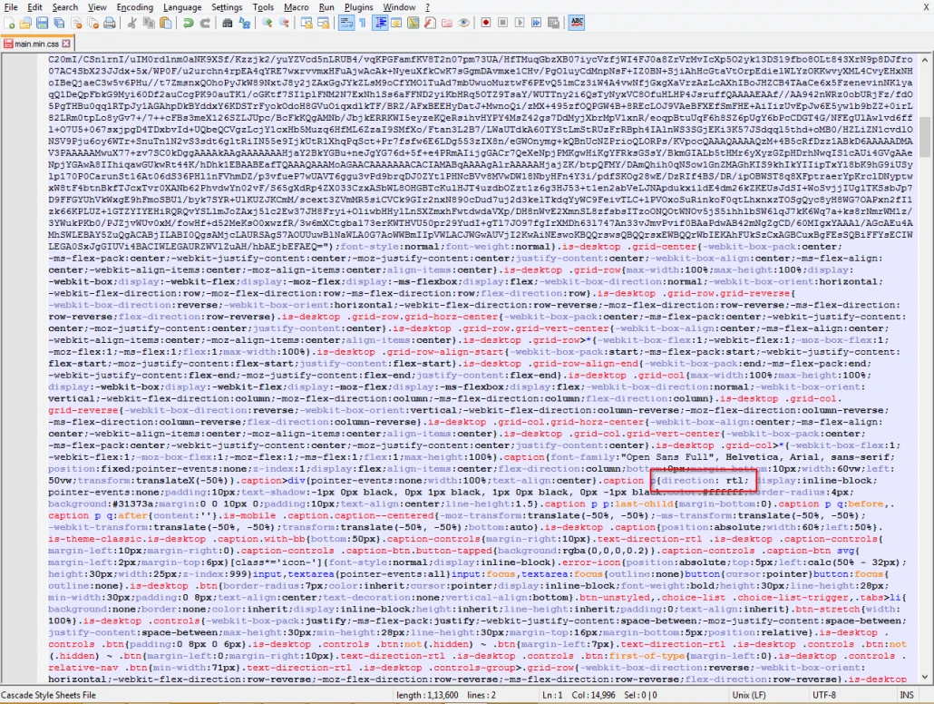 Notepad++ showing direction: rtl successfully inserted into the .caption p CSS declaration