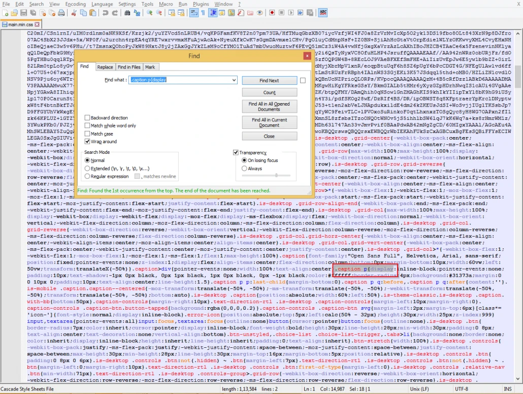 Notepad++ Find dialog locating the .caption p{display CSS declaration in main.min.css