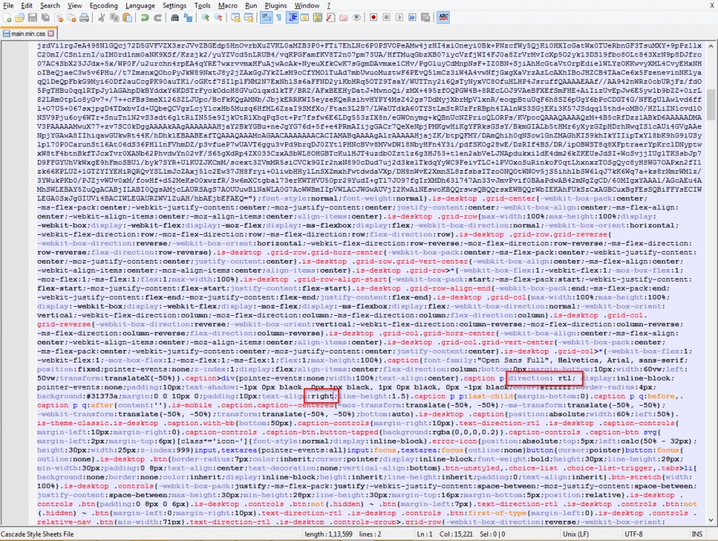 Notepad++ showing text-align:right;line-height:1.5 successfully applied to the caption styling block