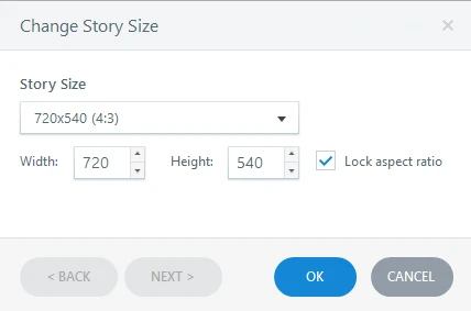 Change Story Size dialog box with the Story Size drop-down, Width, Height, and Lock aspect ratio fields