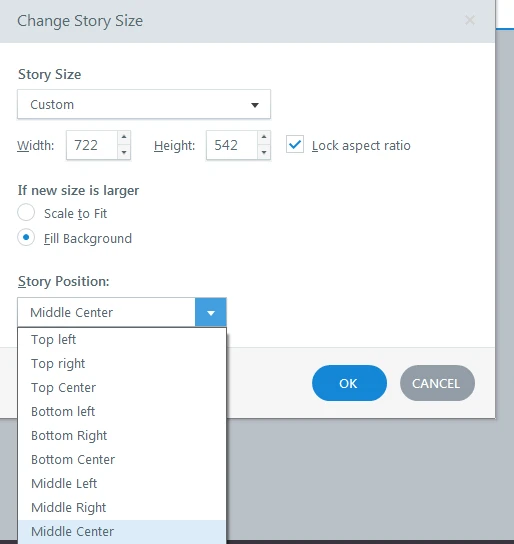 Change Story Size dialog with Fill Background selected and the Story Position anchor dropdown expanded