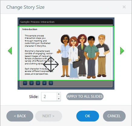 Articulate Storyline crop window with the green crop rectangle over a slide and Apply to All Slides button