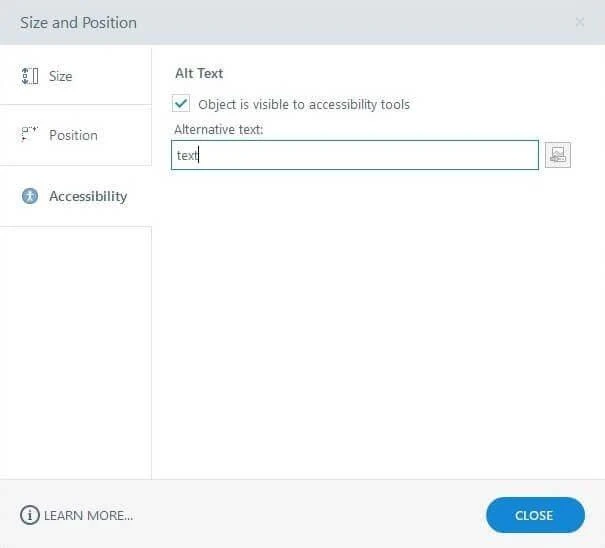 Articulate Storyline Size and Position dialog, Accessibility tab, with Alternative text set to "text"