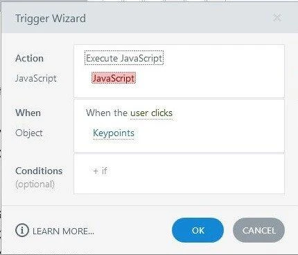 Articulate Storyline Trigger Wizard set to Execute JavaScript, When the user clicks, Object Keypoints
