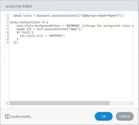 Articulate Storyline JavaScript Editor with Option A code pasted in, setting background color and font fill