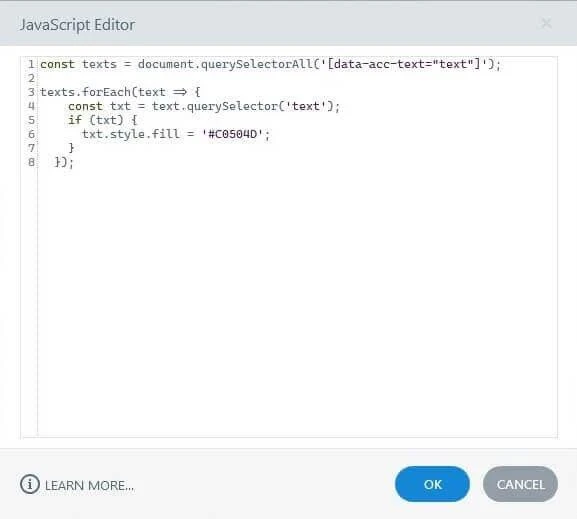 Articulate Storyline JavaScript Editor with Option B code pasted in, setting font fill color only
