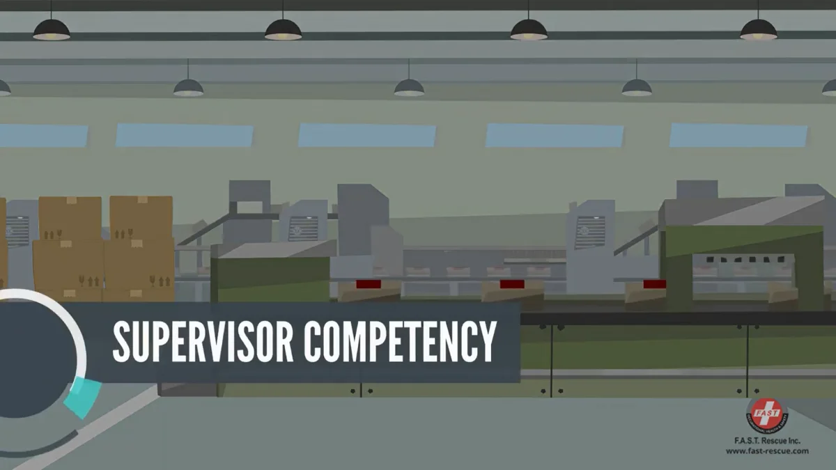 Animated course scene for Supervisor Competency Training, showing a supervisor reviewing a workplace incident investigation report with a team member