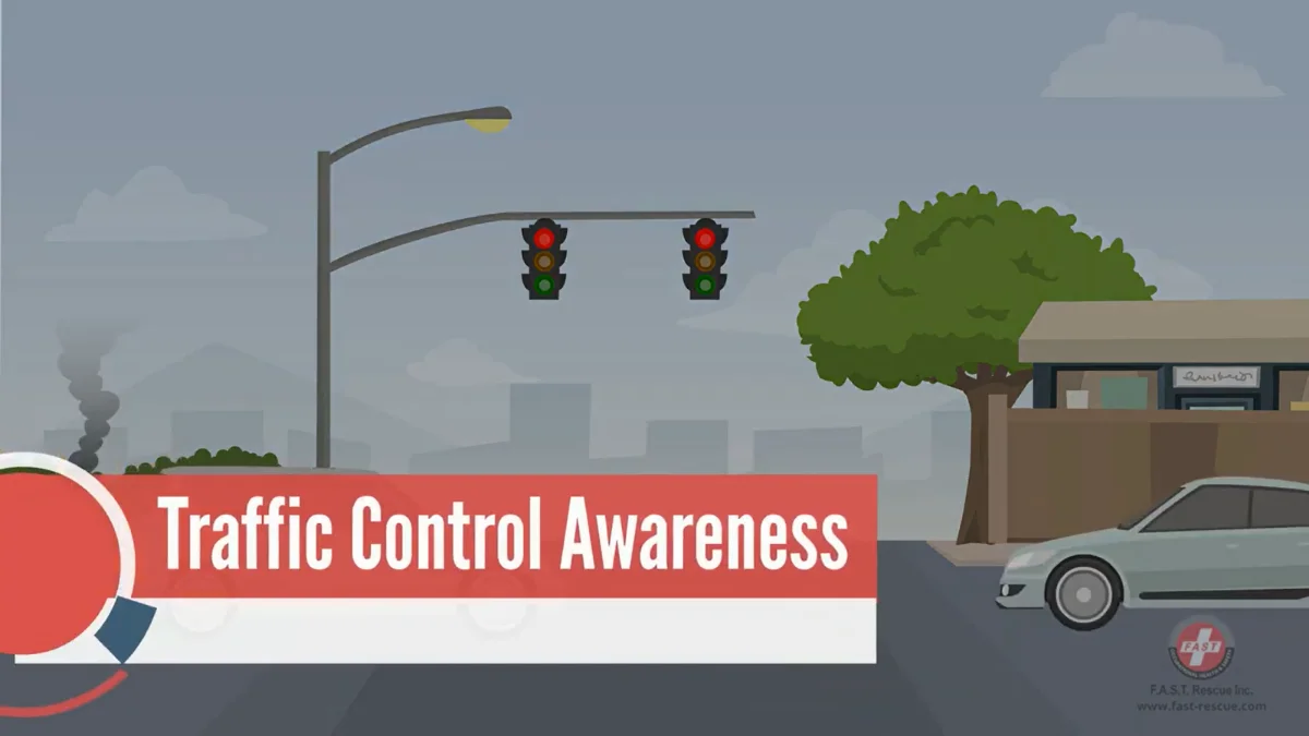 Animated course scene for Traffic Control Training, showing a traffic control person using a STOP/SLOW paddle to direct vehicles at a work zone