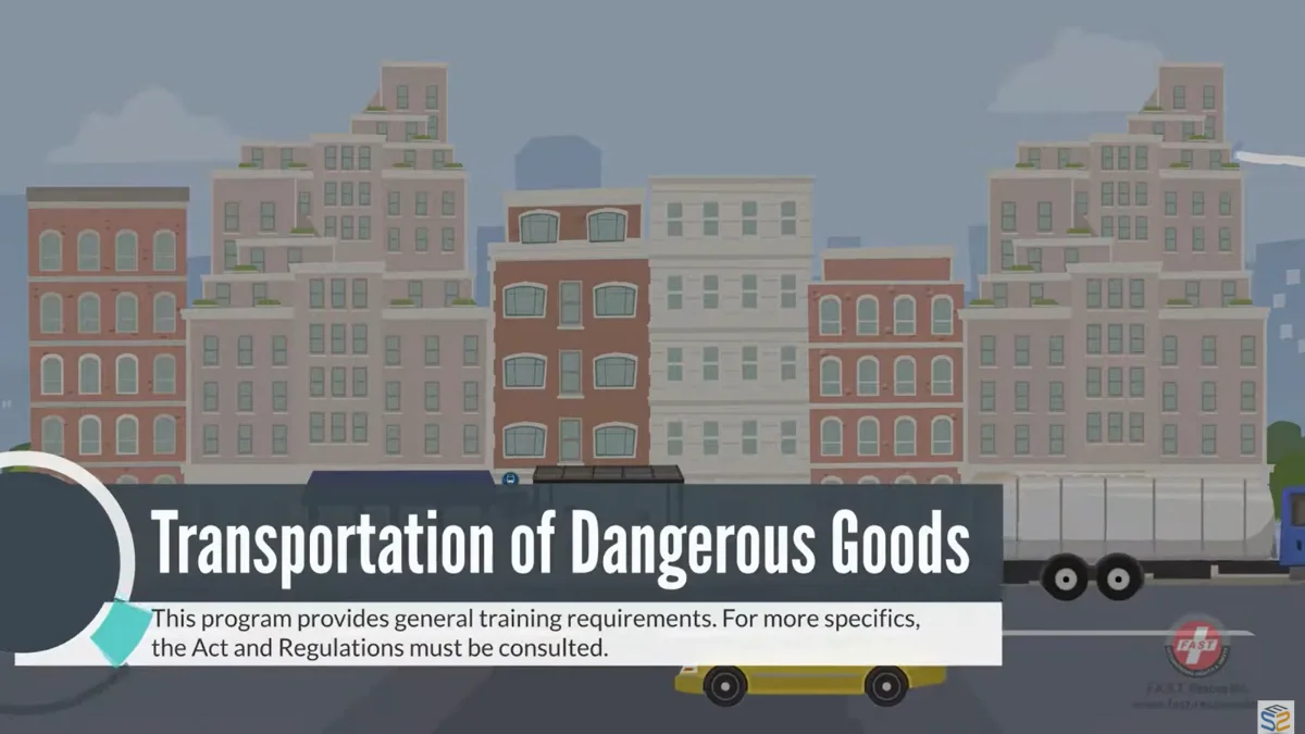 Animated course scene for Transportation of Dangerous Goods Training, showing a driver inspecting a placarded cargo truck before transport