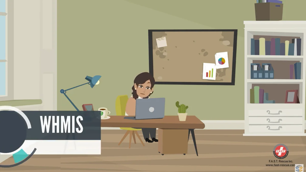 Animated course scene for WHMIS Training, showing a worker reading a hazard pictogram label on a chemical container