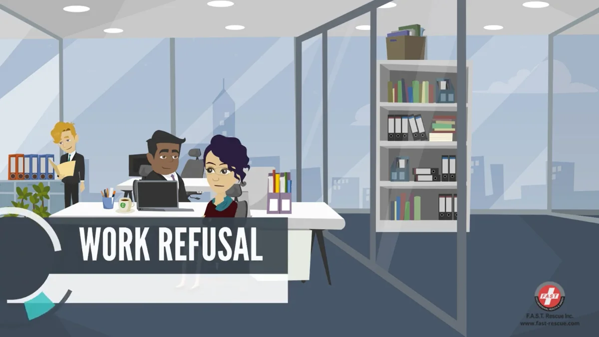 Animated course scene for Work Refusal Training, showing a worker discussing an unsafe task with a supervisor