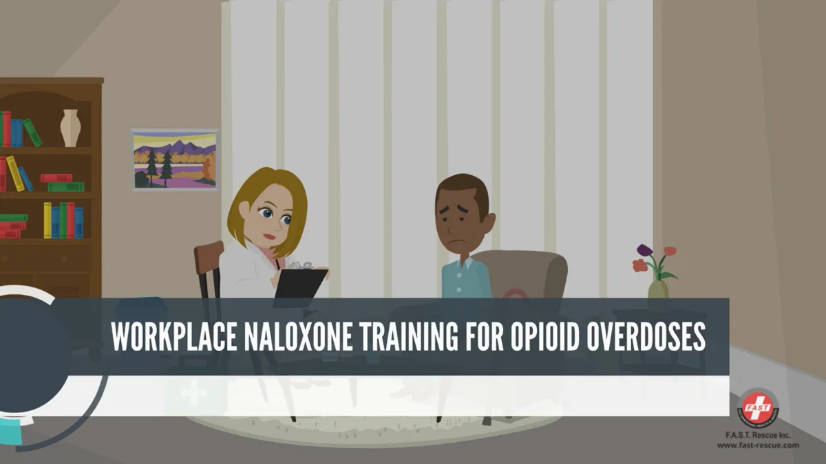Animated course scene for Workplace Naloxone Training, showing a first-aider administering a naloxone nasal spray during an emergency response