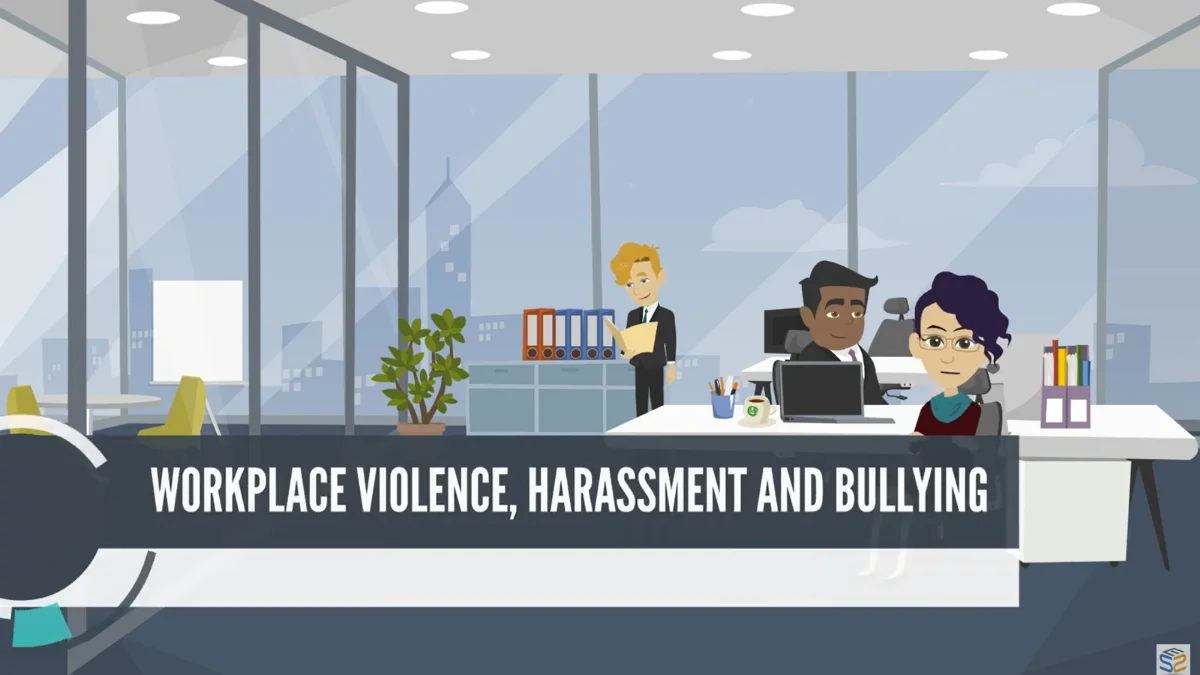 Animated course scene for Workplace Violence, Harassment, and Bullying Training, showing an HR manager mediating a respectful workplace conversation