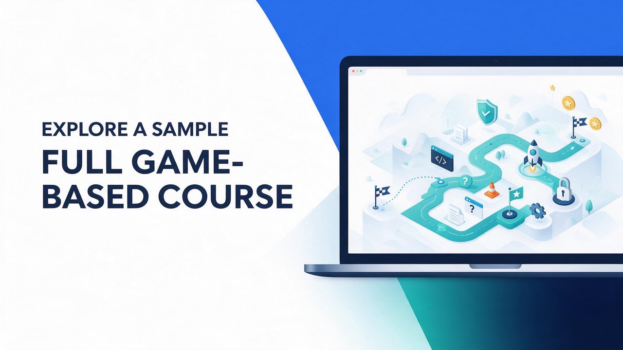 Full game-based eLearning course sample with a narrative mission-map interface, levels, points and badges