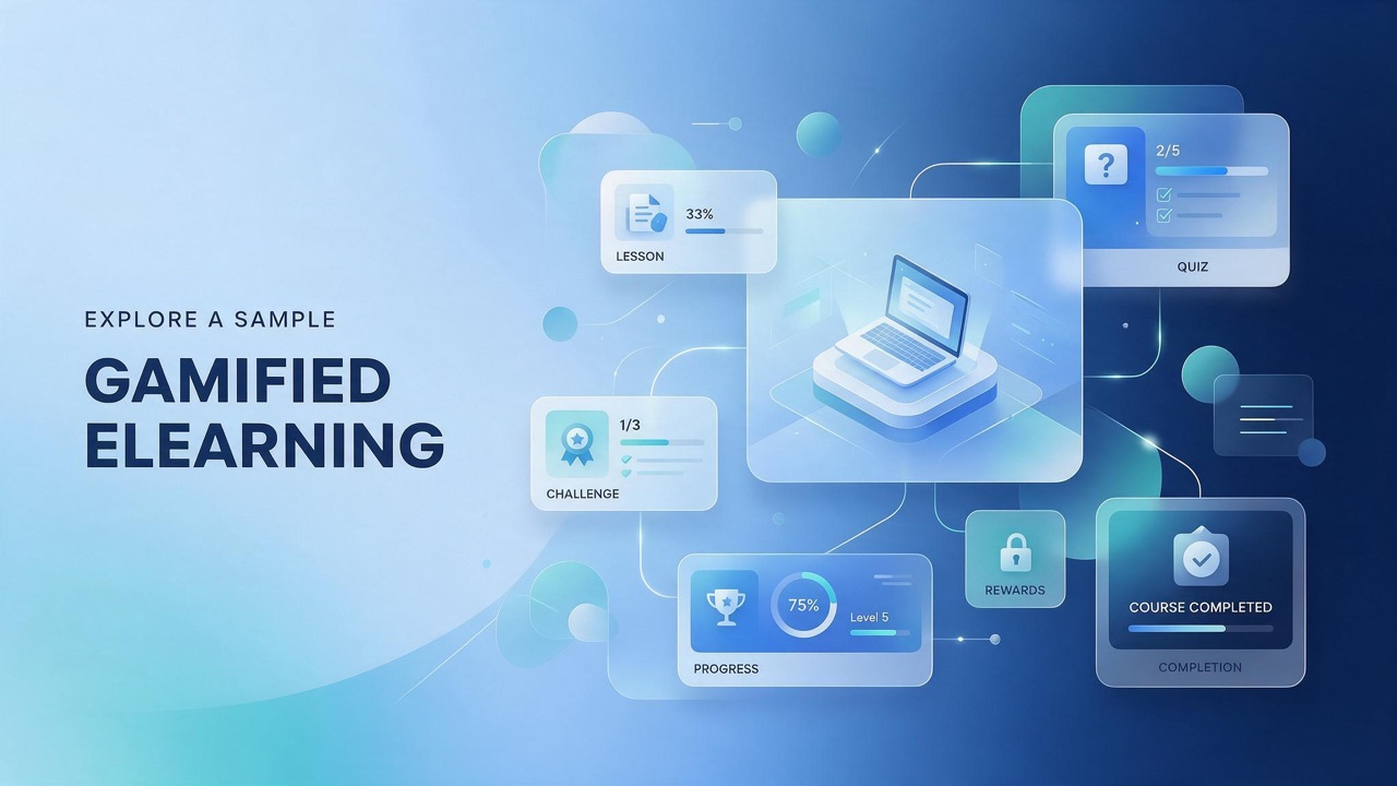 Gamified eLearning course sample with achievement badges, points and progress tracking