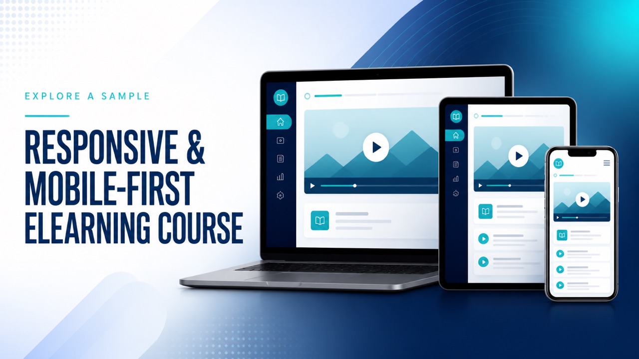 Responsive and mobile-first eLearning course sample shown on desktop, tablet and mobile