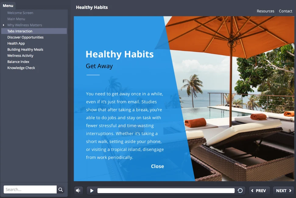 The Classic Player in Articulate Storyline 360: a fixed desktop frame with a persistent left menu and PREV and NEXT navigation buttons