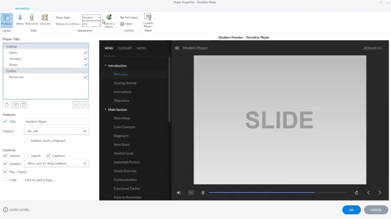 The Player Properties window with Player Style set to Modern, next to a Modern Player preview with a docked left sidebar and detached play, pause, and seekbar controls