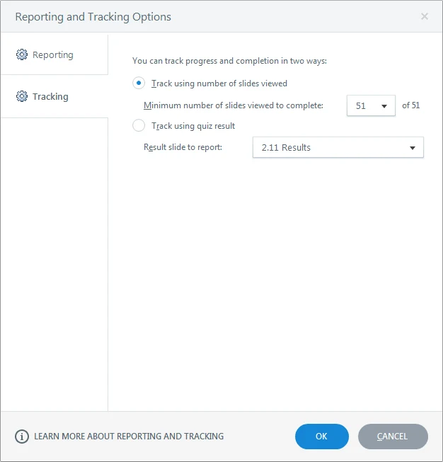 Storyline Reporting and Tracking Options dialog with Track using number of slides viewed selected instead of Track using quiz result