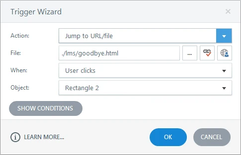 Storyline Trigger Wizard with Action set to Jump to URL/file and the File field set to ./lms/goodbye.html